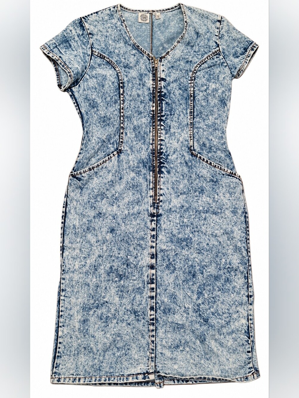 Vintage CPS Caribbean Pacific Acid Wash Denim Dress L Zip Front 100% Cotton